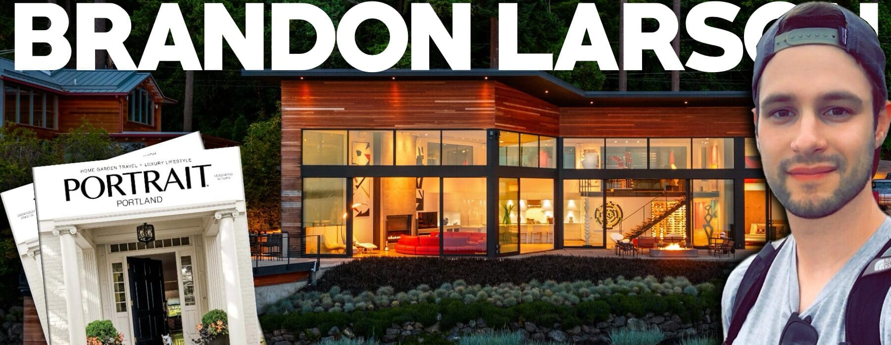 Modern architectural exterior of a luxury home in the Pacific Northwest, featuring expansive glass windows, warm wood accents, and a beautifully landscaped yard, creating an inviting atmosphere.