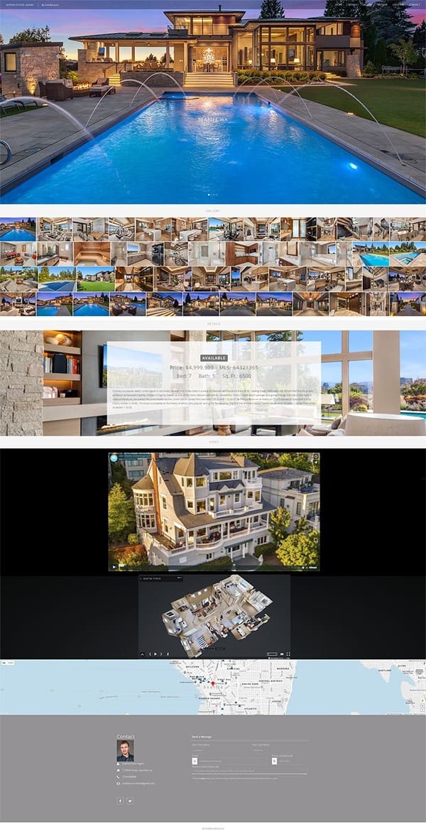 A webpage showcases luxury real estate properties. It features a main image of a modern house with a large pool, a gallery of interior and exterior images, property details, a 3D floor plan, a regional map, and a professional's contact information at the bottom.