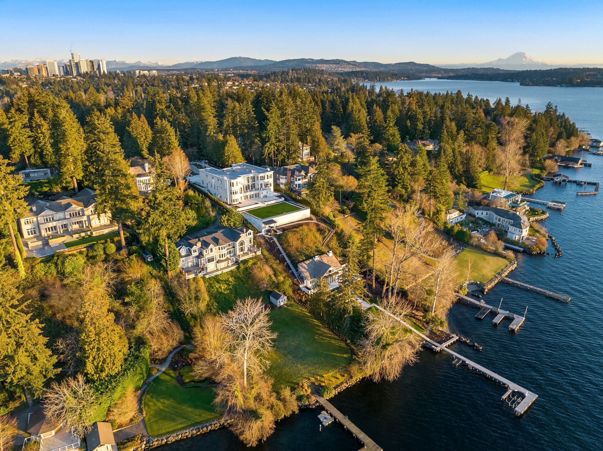 Aerial view of a serene lakeside neighborhood surrounded by dense forest. Several large homes with docks line the shoreline. In the background, a city skyline is visible, with distant mountains under a clear blue sky. The water is calm and reflects the sunlight.