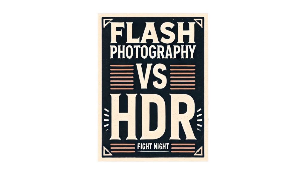 A retro-styled poster with a dark background and light-colored text. The headline reads, "Flash Photography vs HDR" in large, bold letters. Below that, smaller text says, "Fight Night." The design features decorative lines and corner accents.