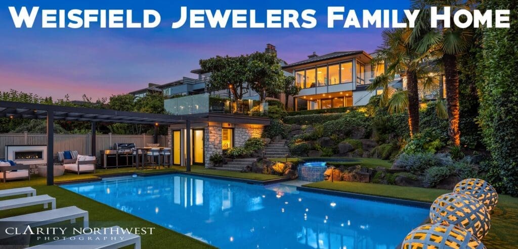 Stunning exterior view of a modern family home in the Pacific Northwest, featuring a luxurious pool, landscaped garden, and outdoor seating area, illuminated at twilight.