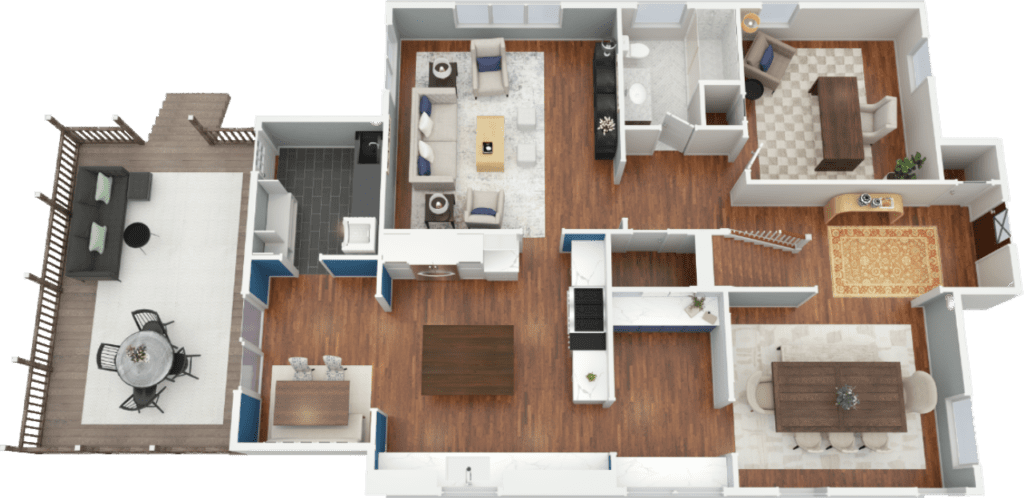 Spacious modern living area and dining space in a stylish home layout, featuring hardwood floors and contemporary furnishings, located in the Pacific Northwest.