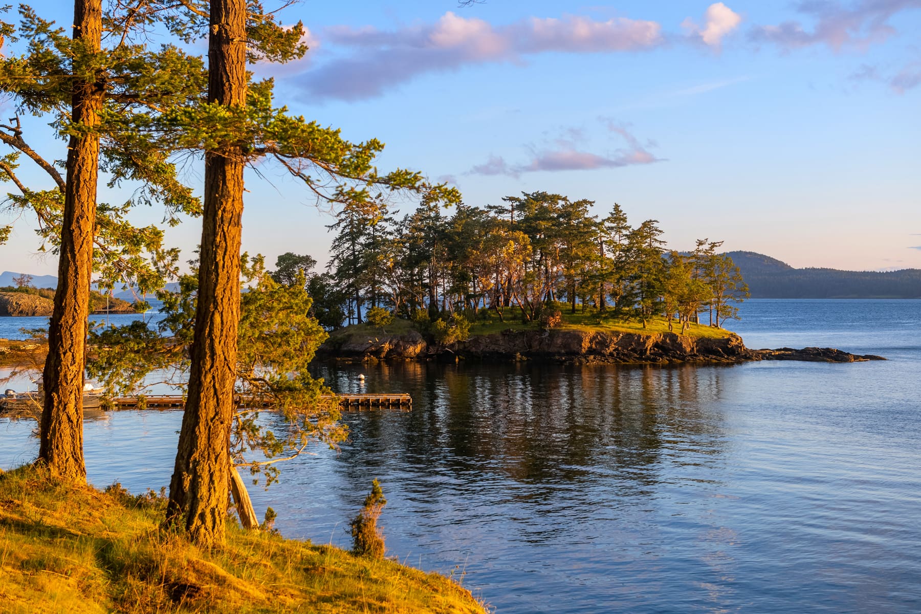 Scenic waterfront view of a tranquil island with lush trees at sunset, showcasing the natural beauty of the Pacific Northwest.
