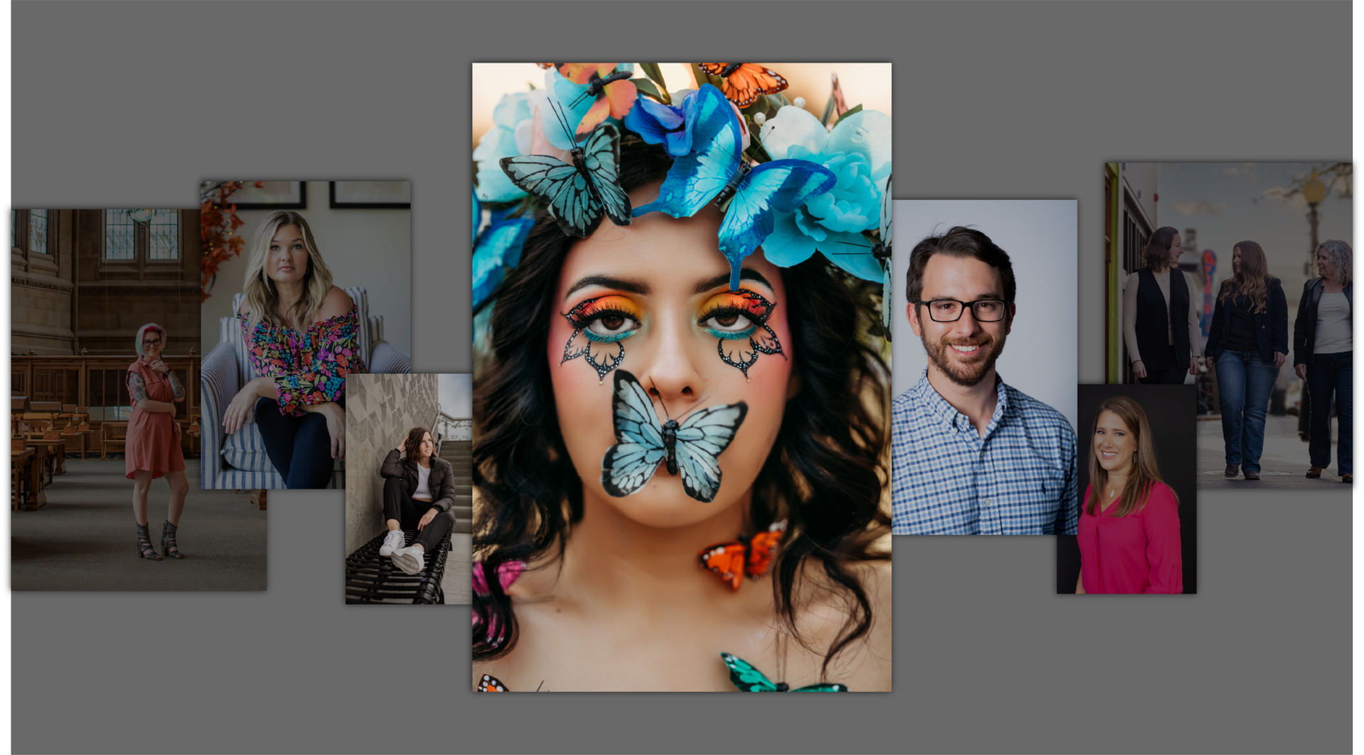 Collage of portrait and lifestyle photos showcasing real estate photographers at work and behind-the-scenes moments