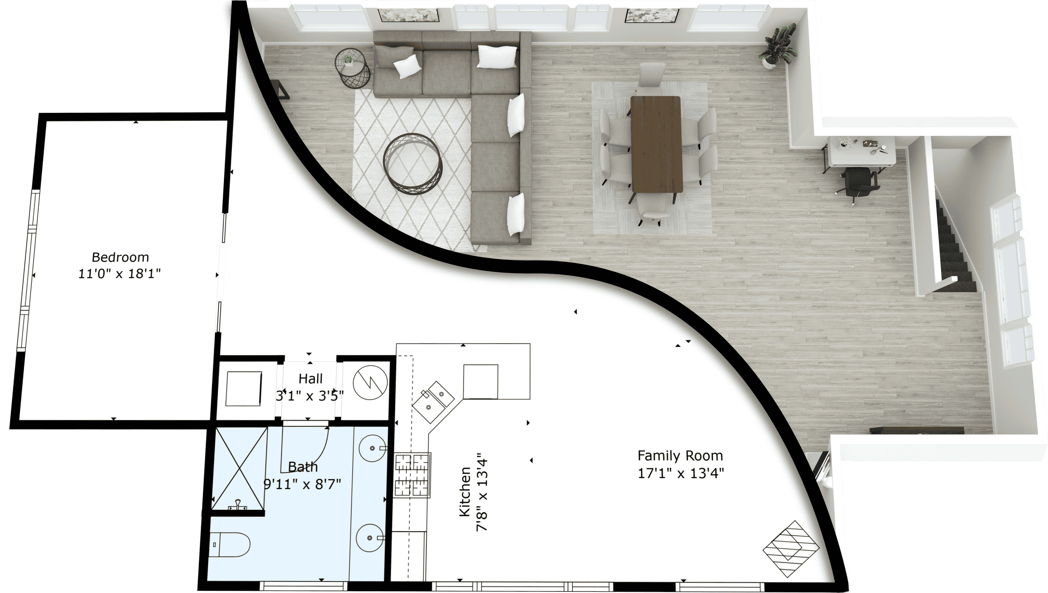 Spacious and modern family room layout featuring a cozy sectional sofa, dining area, and work desk in a light-filled setting, ideal for contemporary living in the Pacific Northwest.