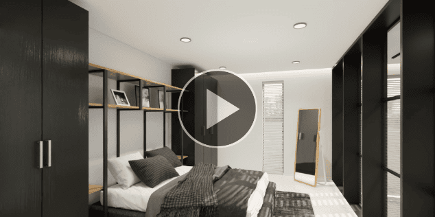 Modern bedroom with sleek black cabinetry and stylish shelving, featuring a cozy bed and natural light from large windows, located in the Pacific Northwest.