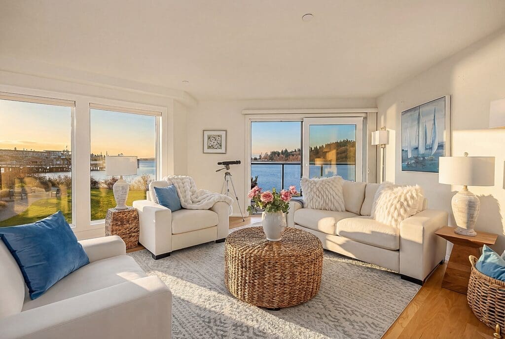 Bright and modern living room featuring large windows with waterfront views, cozy white seating, and stylish decor in Seattle, Pacific Northwest.